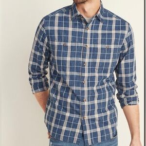 Old Navy Men's Blue Plaid Shirt Indigo Cotton Twill Workwear Casual Size Large